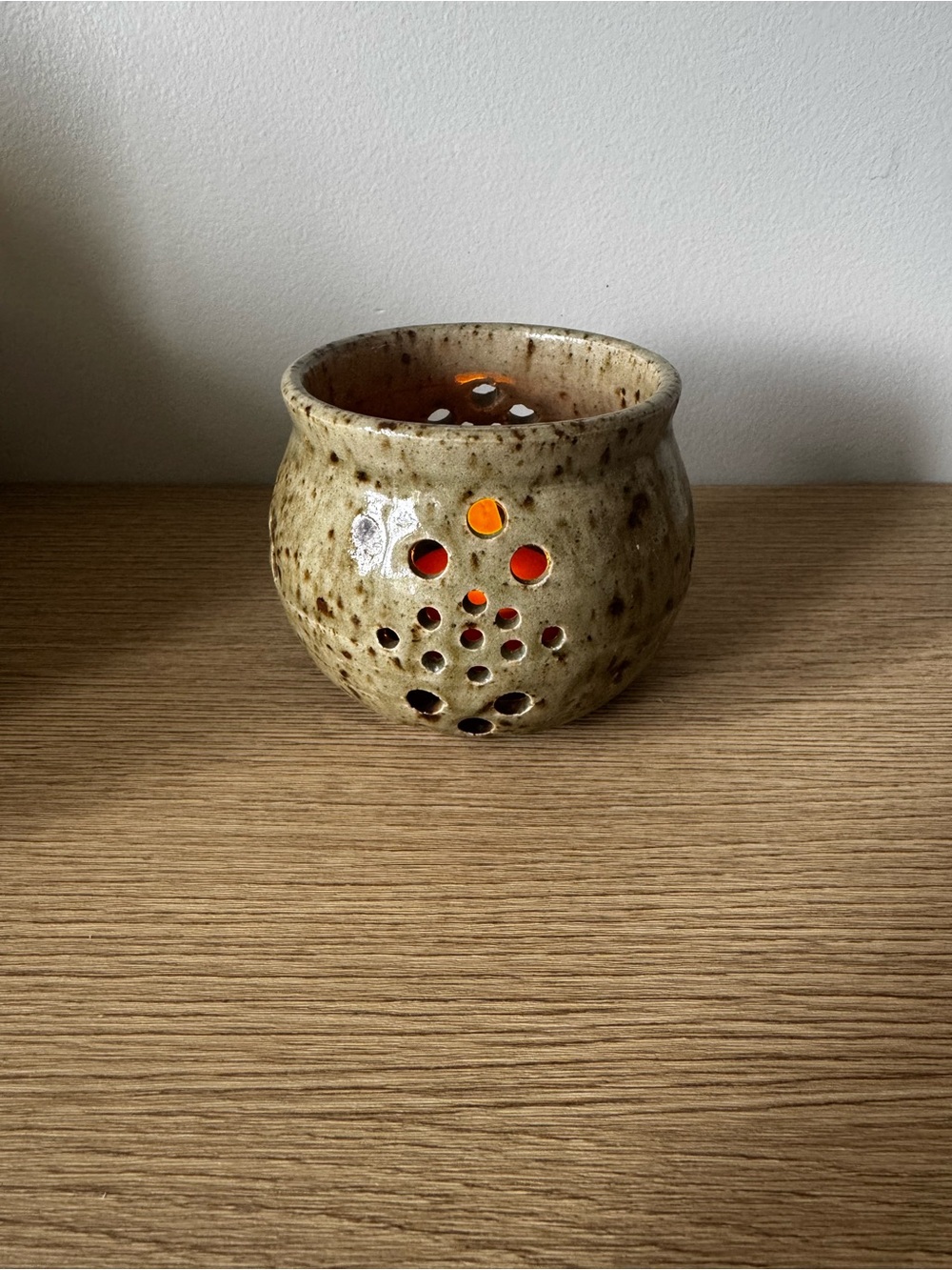 Handmade Speckled Ceramic Tealight Holder - Beige/Green